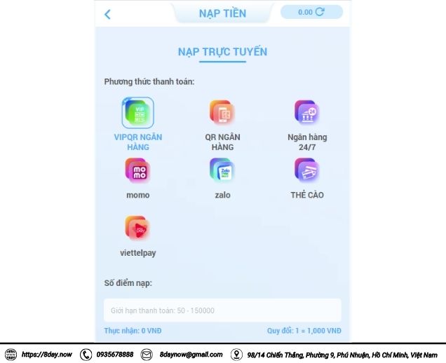 Các phương thức nạp tiền 8Day